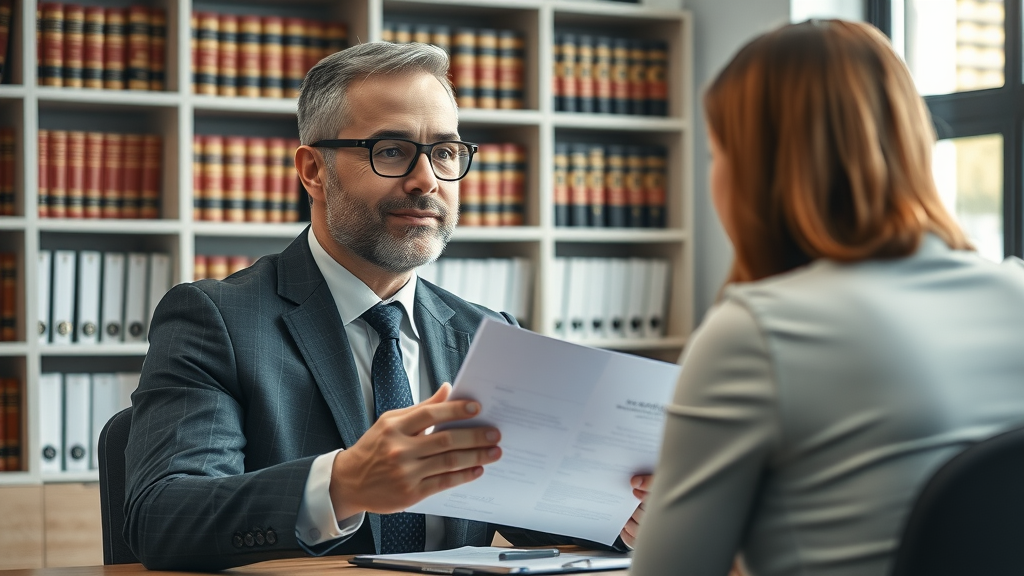 confident motorcycle accident lawyer providing legal assistance to client in modern law office