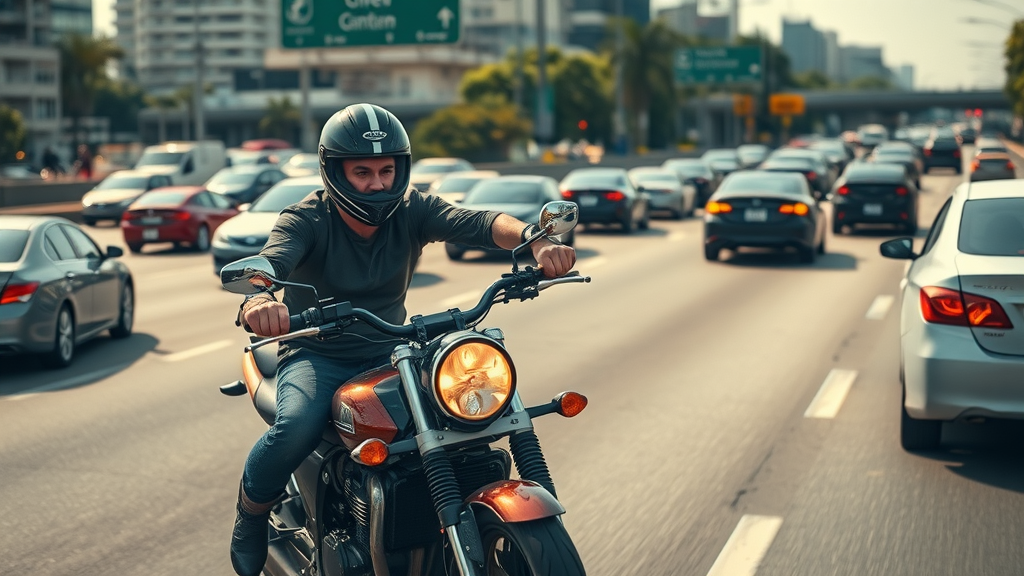 motorcycle legal rights lane splitting - rider safely passing slow traffic on city highway