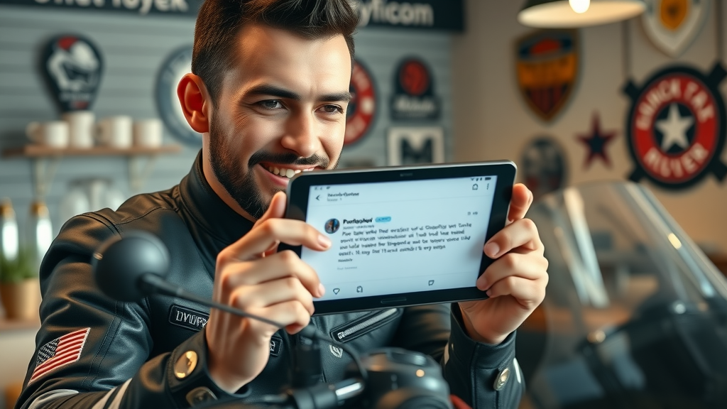 loyal customer - motorcyclist giving a positive digital review with branded rider memorabilia, brand trust in rider communities