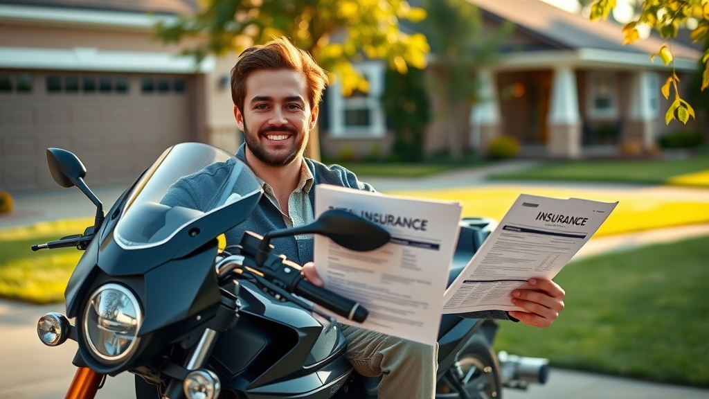 Young adult checking motorcycle insurance documents beside bike in suburban driveway, photorealistic safety and protection theme