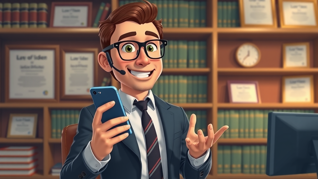 attorney recording a confident social media video for law firm marketing with law library background