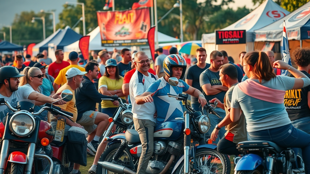 Vibrant motorcycle rally scene with a diverse crowd engaging around custom bikes at an outdoor festival. Motorcycle rally audience targeting in action.