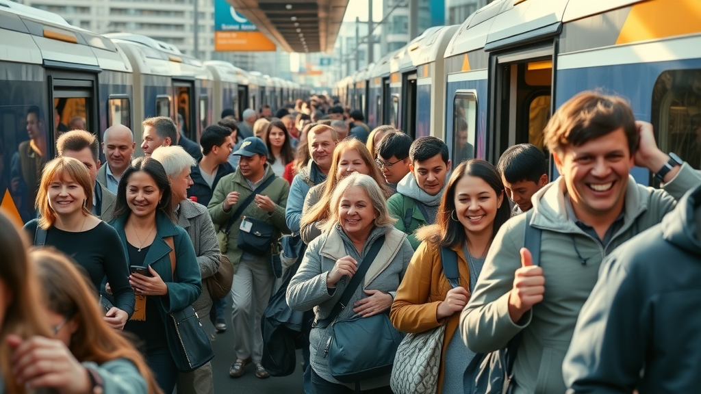 brand identity in transportation, city transit, modern branded buses and trains with commuters, urban rush hour scene