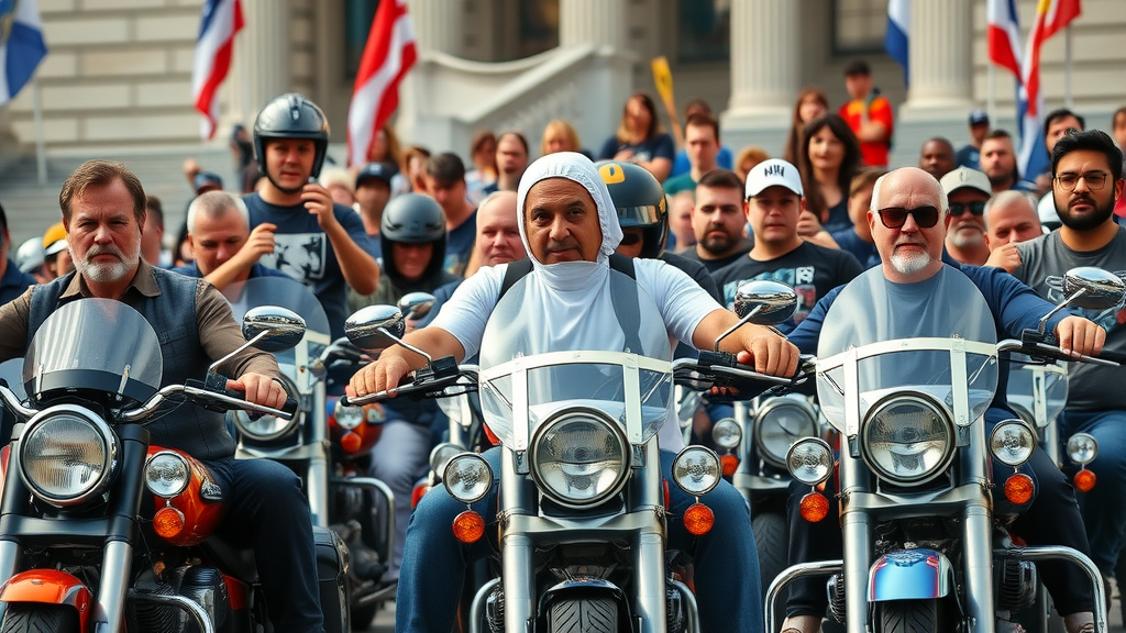 diverse group of motorcycle riders assembled peacefully on courthouse steps, motorcycle rights advocacy banners, united for freedom