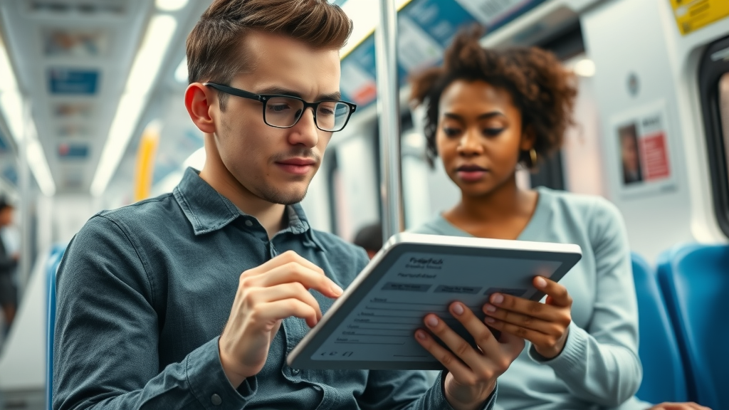 engaged rider providing digital feedback on a tablet while riding branded public transport, rider-centric brand development