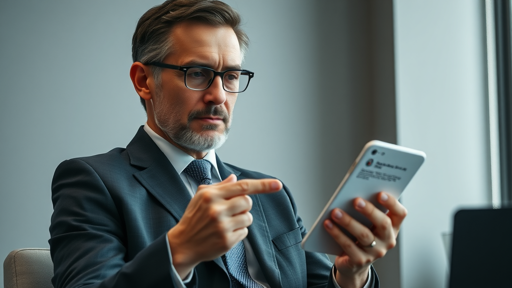 Empathetic attorney responding to online negative review, law firm reputation, calm and professional, modern office setting