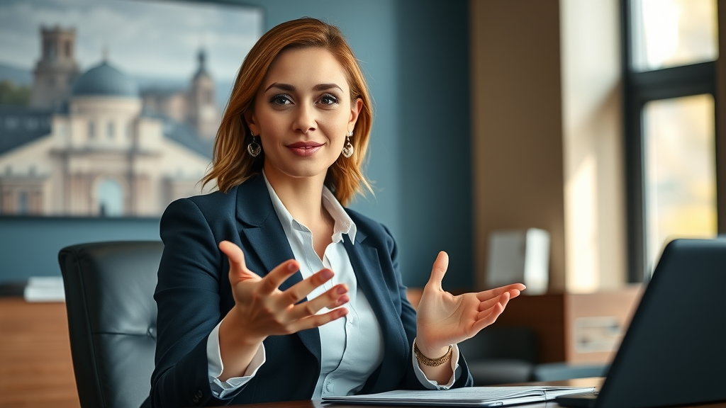 female lawyer explaining legal video advertising at conference table