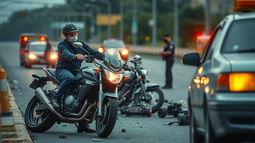 Serious motorcycle accident scene with emergency response and motorcycle crash aftermath
