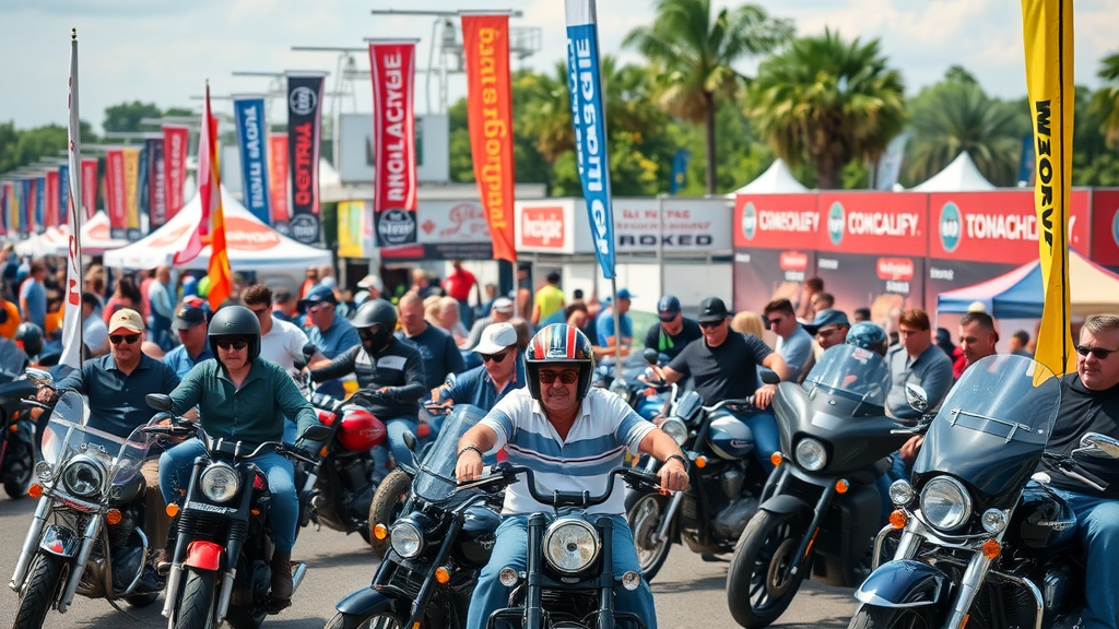 motorcycle event sponsorship vibrant sponsor booths, enthusiastic crowd at open-air festival, motorcycles and people interacting