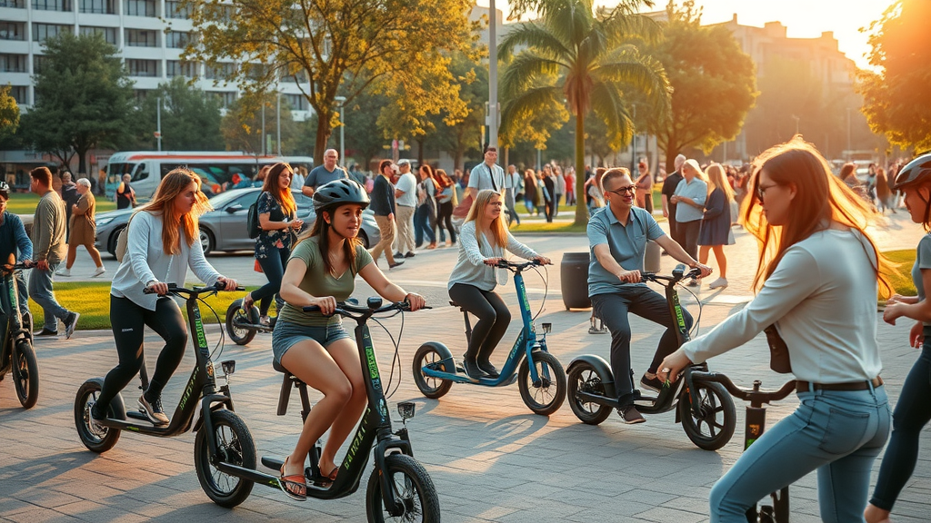 innovative public transportation scene, collaborative, diverse riders and designers testing prototypes, High Fantasy, bustling city park with test bikes and scooters, highly detailed, people interacting and sharing observations, bright, vibrant colors, golden hour sunlight, shot with a wide-angle lens.