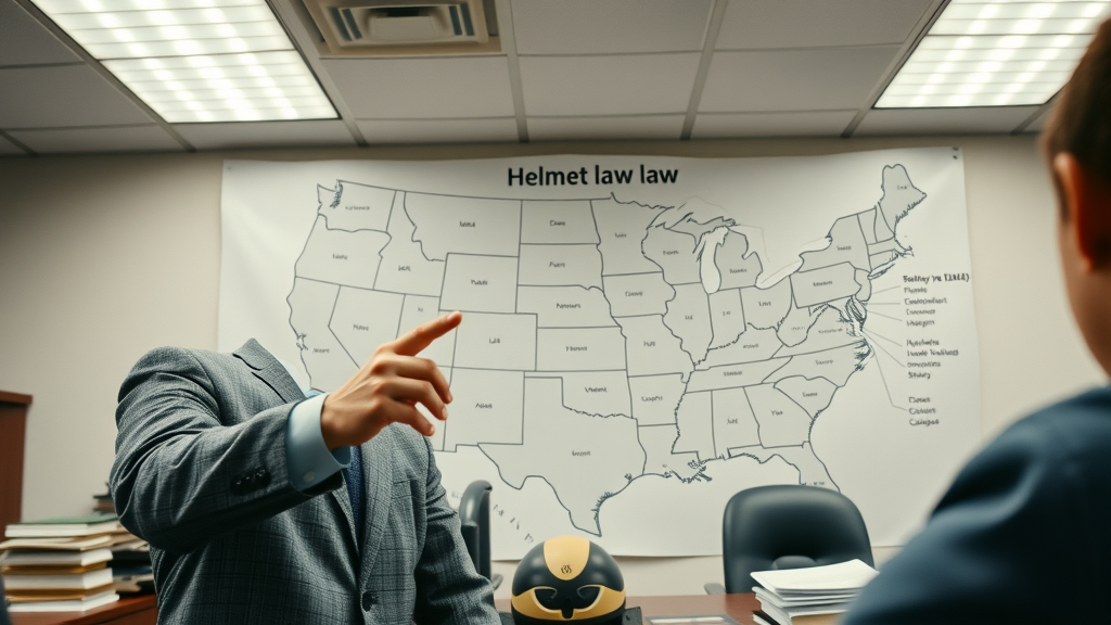 detailed map showing helmet law differences by state, universal and partial motorcycle helmet laws, rider points to states, photorealistic lifelike style
