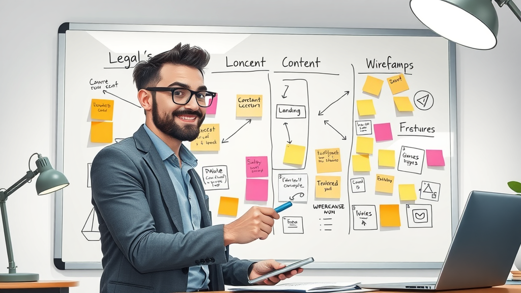 creative legal content writer planning SEO landing page wireframe, digital mockups and ideas, 2D Cartoon