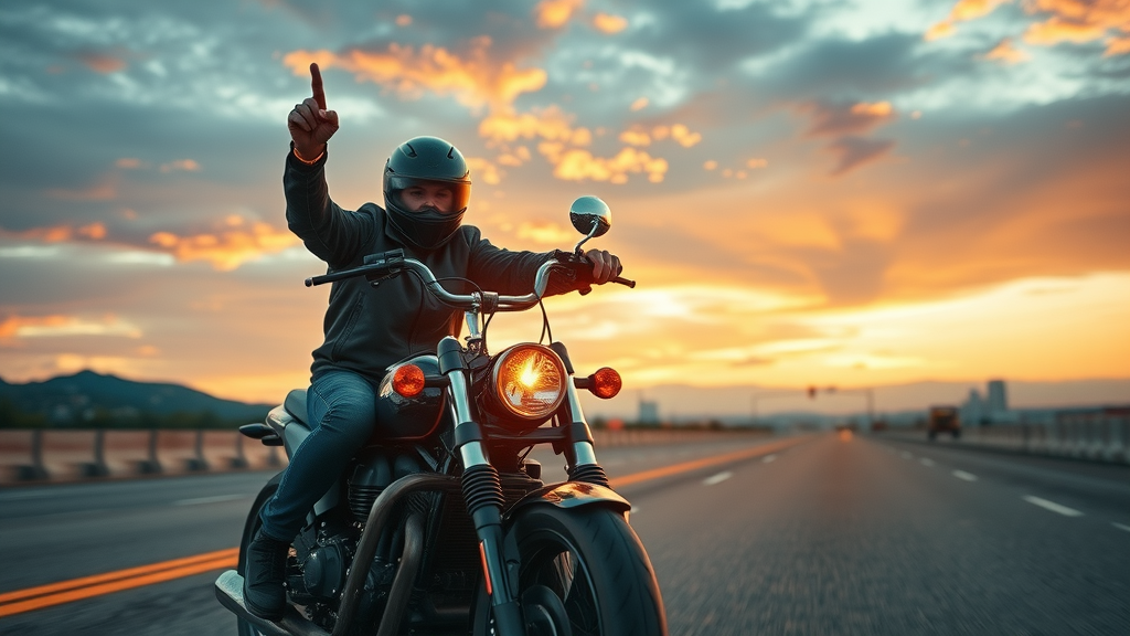 empowered motorcycle rider after legal victory on open road, motorcycle legal support