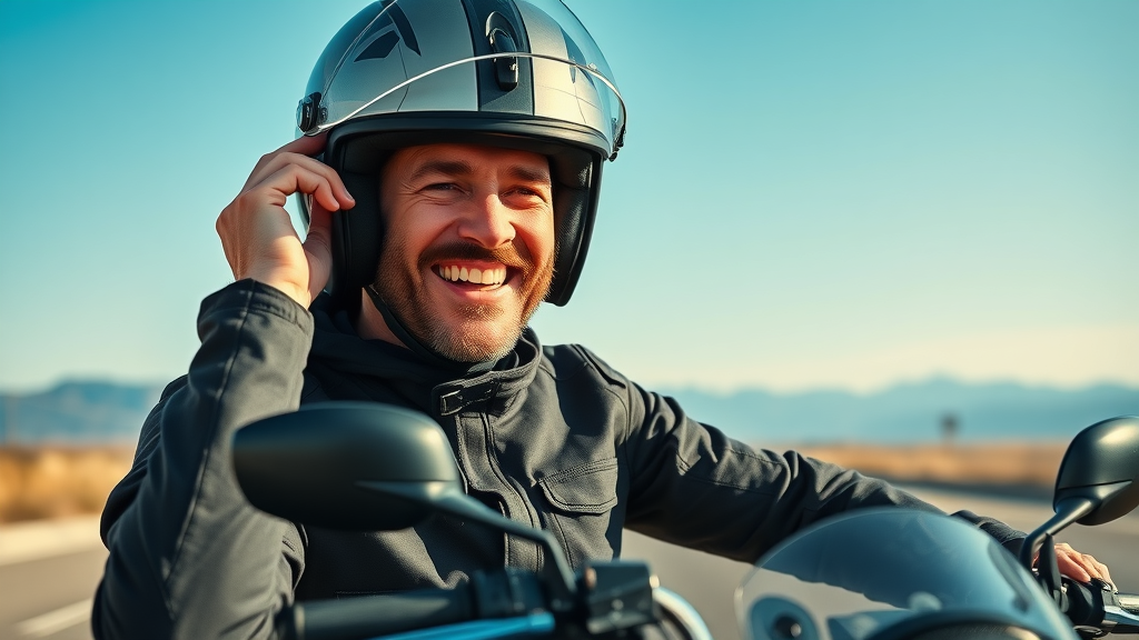 motorcycle safety tips confident motorcycle rider adjusting helmet wearing full protective gear open road safety