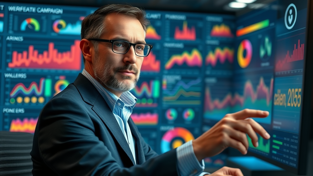 marketing director reviewing unified legal video advertising strategy dashboard