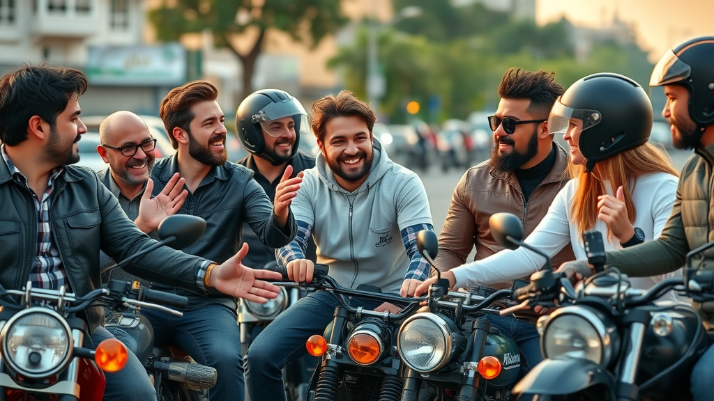 diverse group of motorcycle riders, engaging conversation, targeting motorcycle riders, urban setting, motorcycles parked nearby