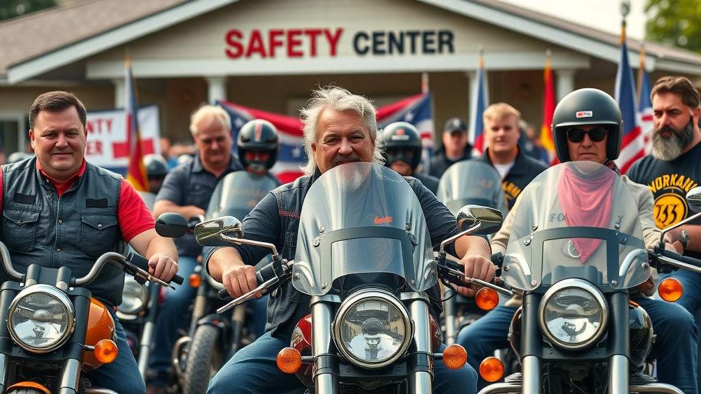determined motorcycle club members organizing safety rally to support motorcycle safety campaigns with park service involvement