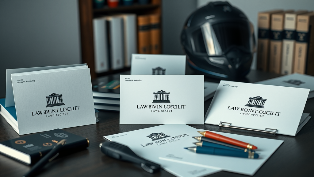 Distinctive law firm branding materials for motorcycle accident practice - logos, color palettes, law books, legal practice, motorcycle accident