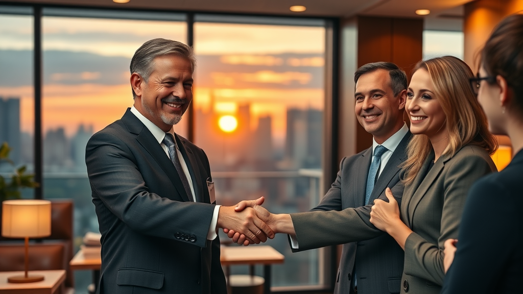 law firm partners demonstrating client appreciation at a professional networking reception after a well-managed legal industry event