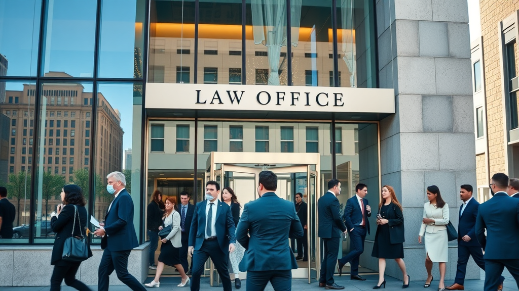modern law office exterior with law firm website optimization, glass and stone city building, bustling and professional