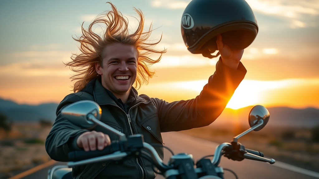 emotional connection motorcycle rider brand engagement raising helmet celebration sunset open road