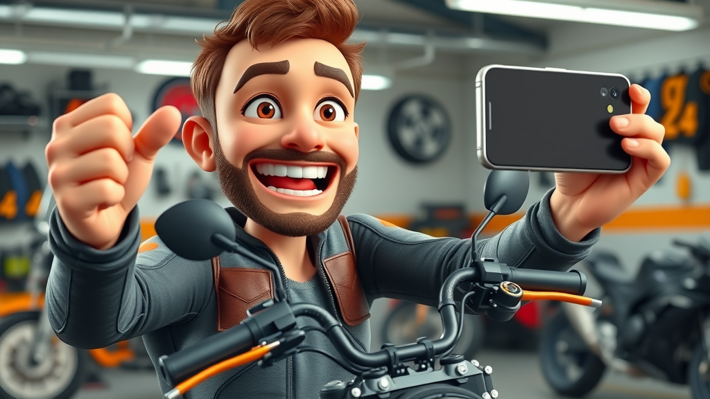motorcycle social media influencer targeting motorcycle riders, filming enthusiastically in garage, vibrant gear in background