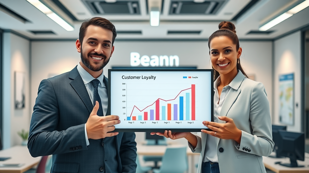 ambitious business team, confident, presenting rising customer loyalty statistics on a screen, Photorealistic High Fidelity Lifelike, sleek modern office with branding elements in the background, highly detailed, graphs showing upward trends, cool professional color palette, bright diffused lighting, shot with a 50mm lens.