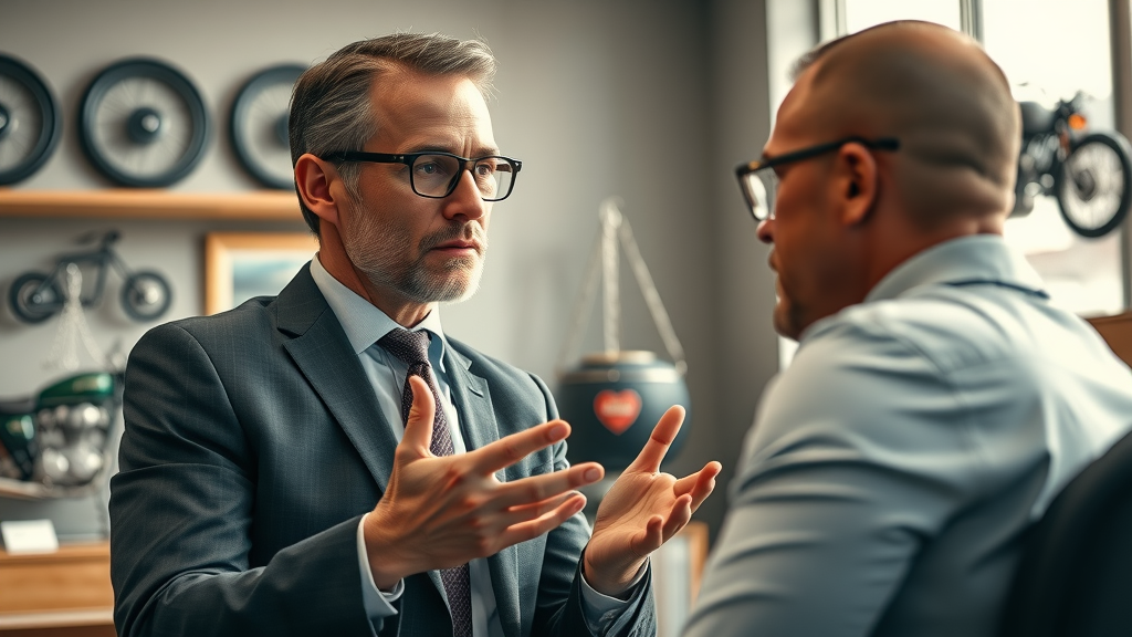 Dynamic motorcycle accident law attorney consulting with client in modern law office with motorcycle memorabilia