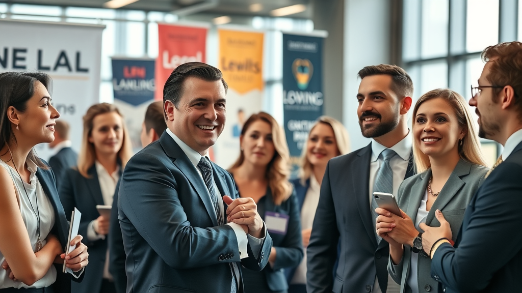 Lawyers networking at a legal event practicing event marketing best practices, upscale conference room, natural daylight, professional attire