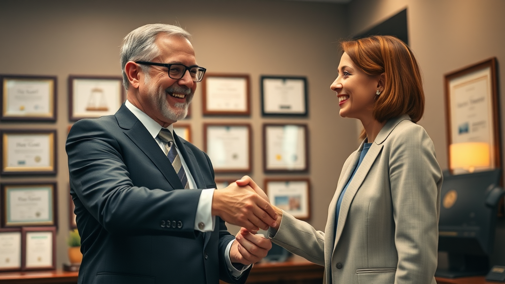 Trusted attorney and client celebrating results, law firm lobby emphasizing authority and trust