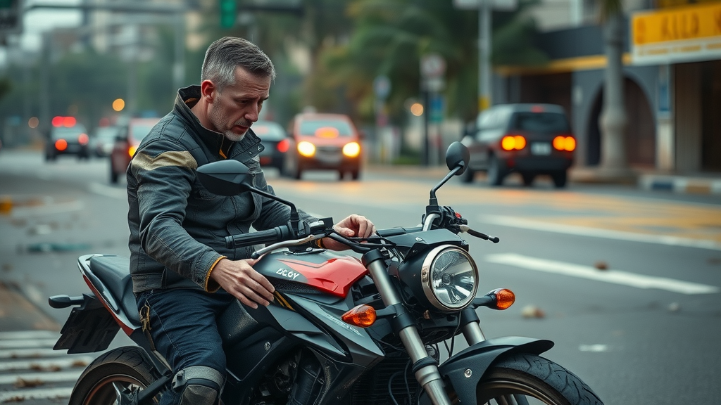 motorcycle accident aftermath and legal rights - worried motorcyclist surveying damaged motorcycle on urban street with emergency lights