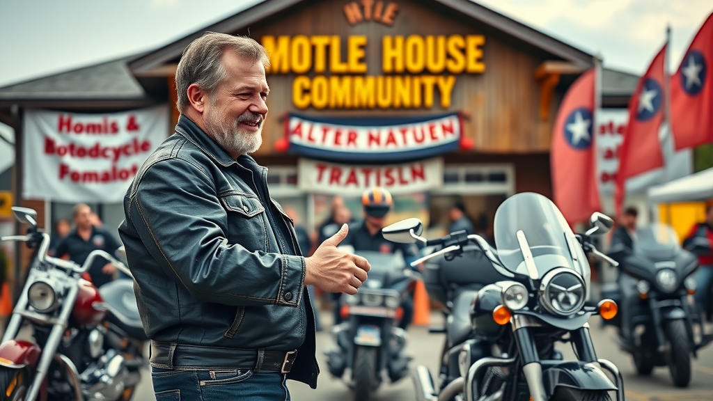 brand trust in rider communities - community leader shaking hands with new rider, celebratory motorcycle club, building loyalty