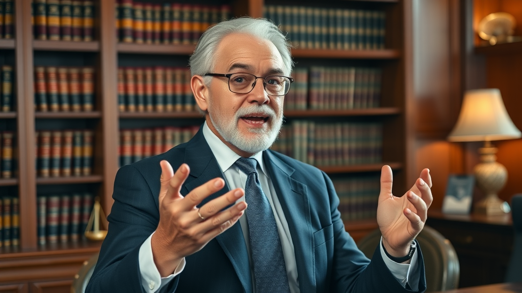 authoritative senior lawyer explaining legal success in lawyer branding through video, law office, books, confident gesture