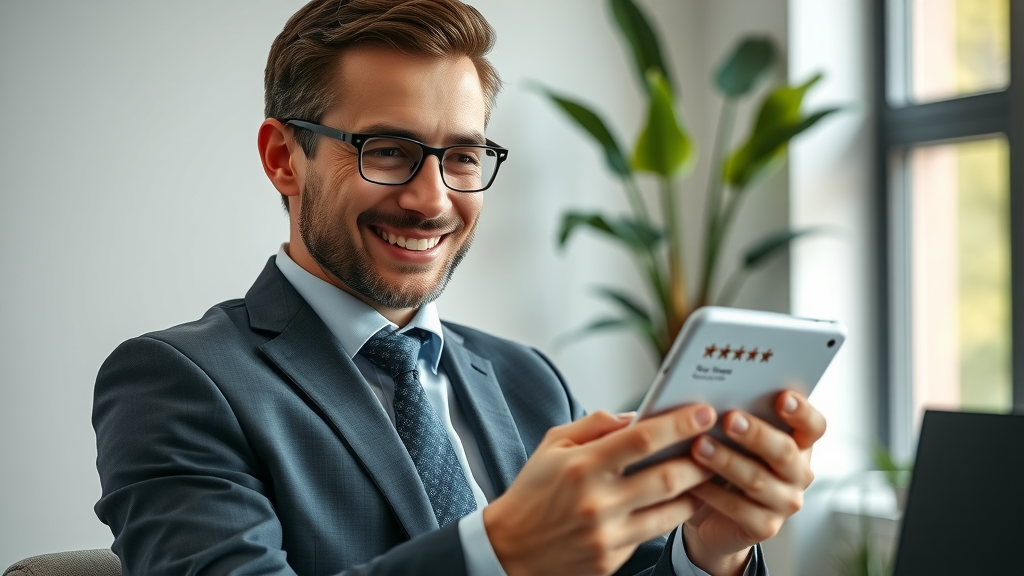 lawyer reviewing five-star testimonials on digital device - positive office scene with glowing feedback, macro lens, modern decor