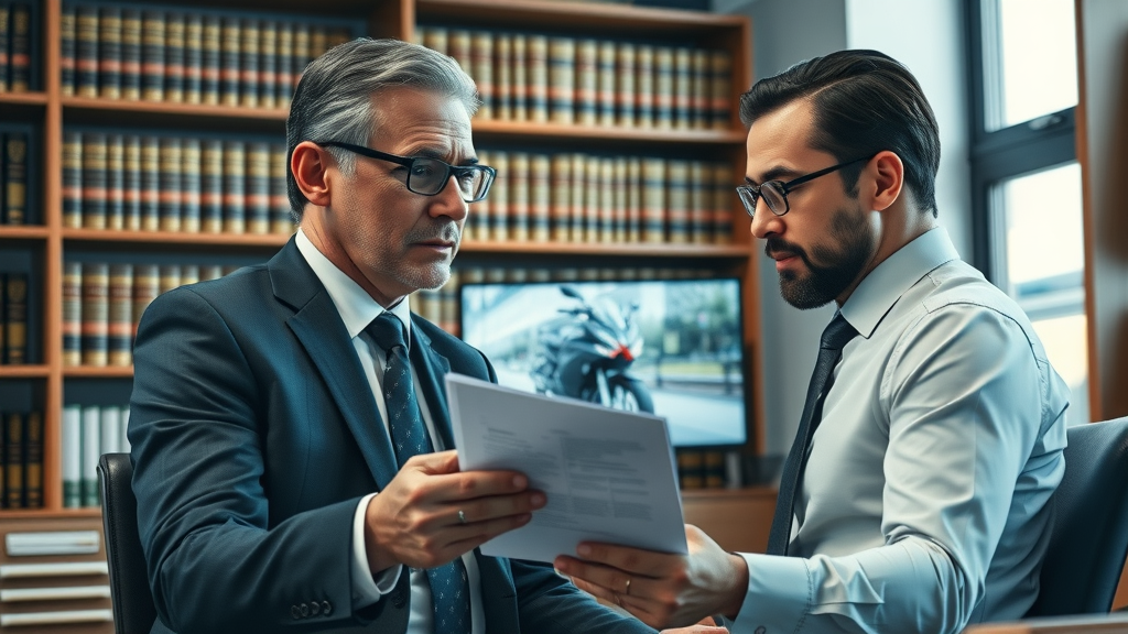 Motorcycle accident attorney consulting with a client in a law firm, motorcycle crash graphic.
