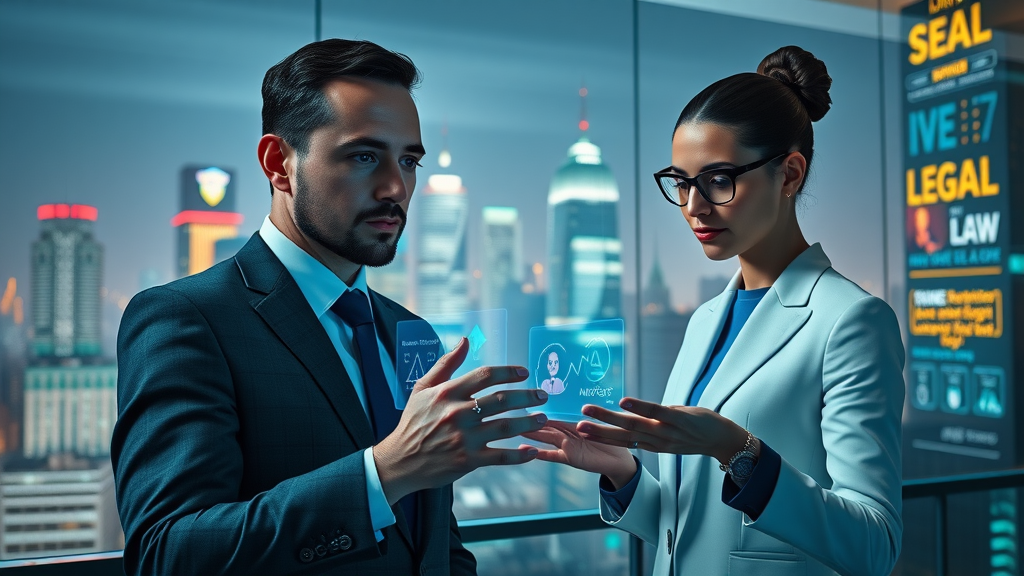 Futuristic law firm team analyzing AI-driven online lead generation and digital marketing technology