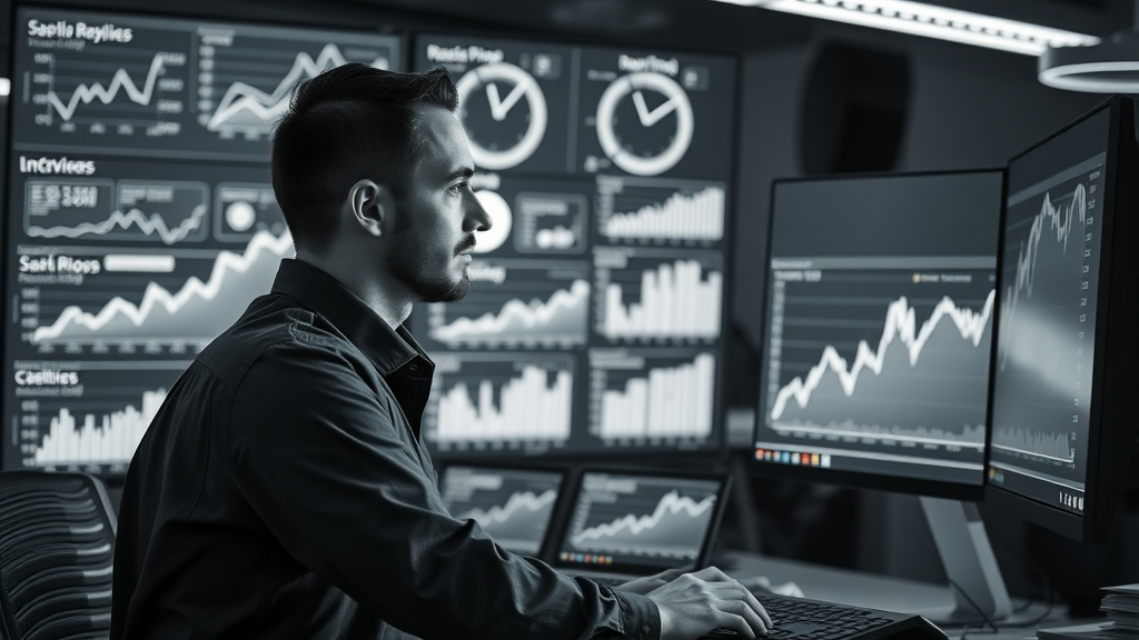 strategic analyst monitoring paid advertising strategies performance dashboard with data visualizations and upward trends