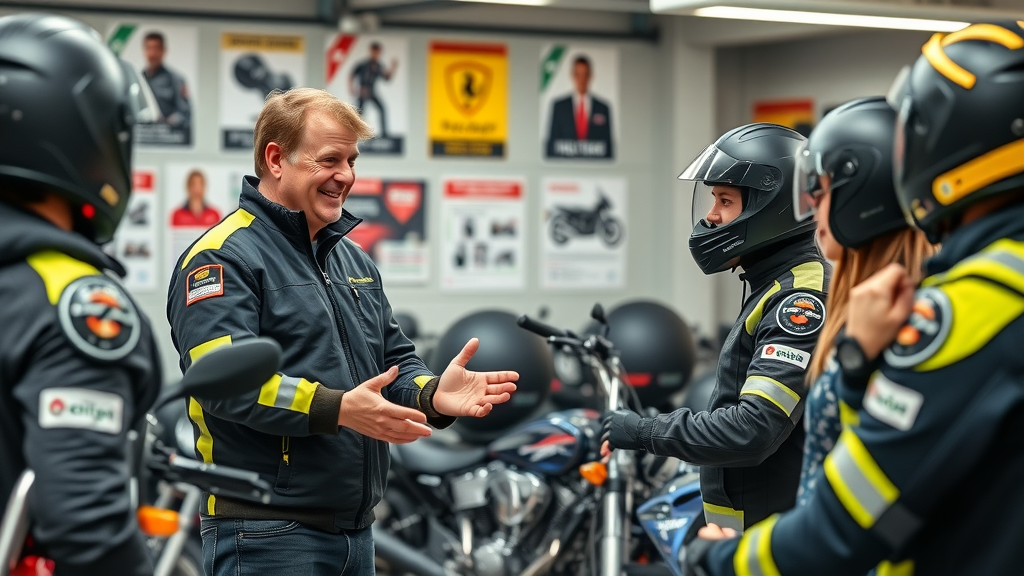 motorcycle safety instructor teaching enthusiastic students to use gear, modern facility, advocacy for safety