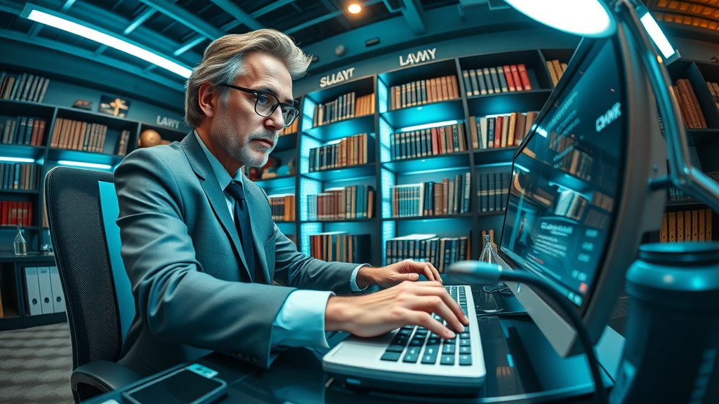 legal SEO expert repairing broken digital links, optimistic and focused, cyber office with holographic screens