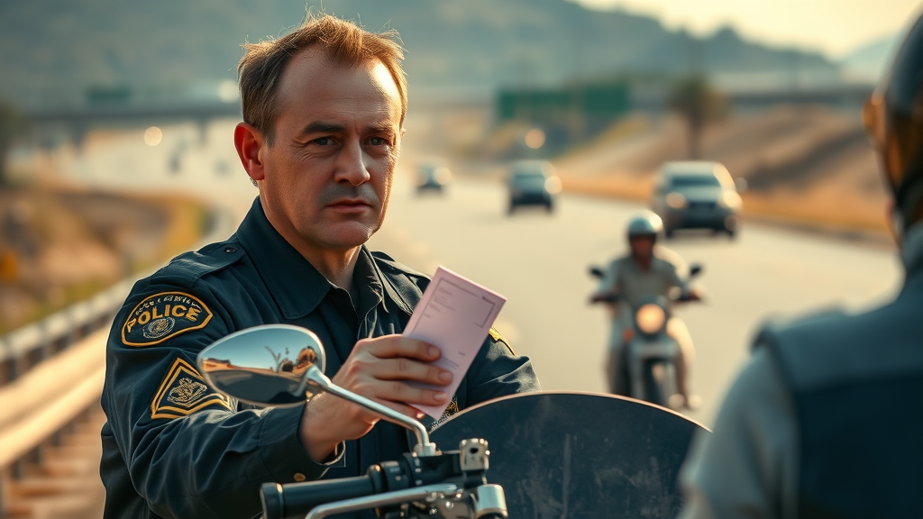 police officer issuing ticket to rider, helmet law enforcement roadside