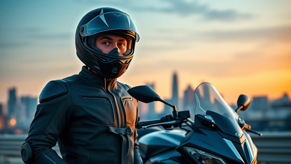 motorcycle rider in full modern motorcycle protective gear, beside sport motorcycle at dusk, reflections visible