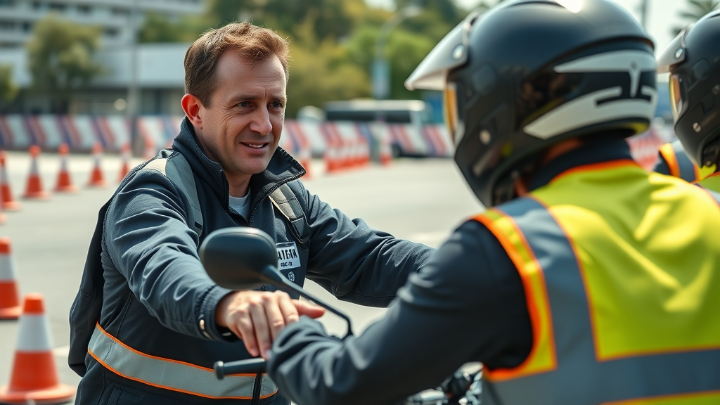 motorcycle instructor demonstrating emergency braking to student, motorcycle safety courses hands-on instruction in city training lot