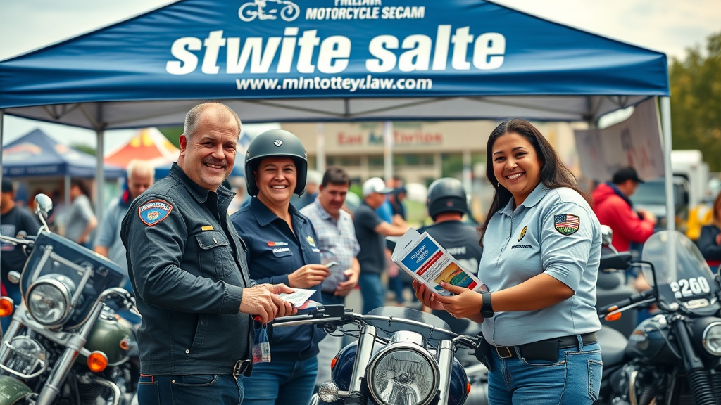 Law firm booth at motorcycle rally distributing safety kits and law brochures