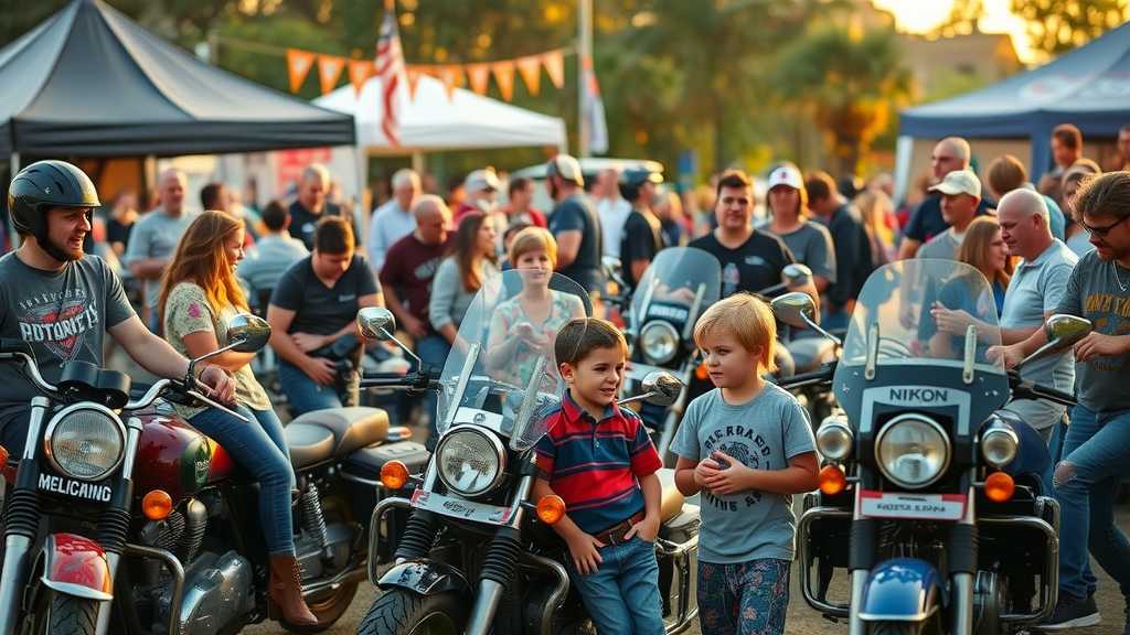 motorcycle event sponsorship community diverse group of motorcyclists, children interacting with branded motorcycles, tents and banners at a small-town park