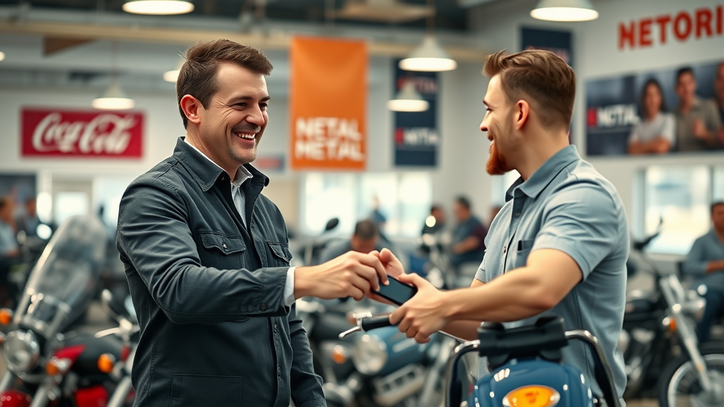 Friendly motorcycle dealership staff handing keys to a happy rider, customer experience building brand loyalty among riders.