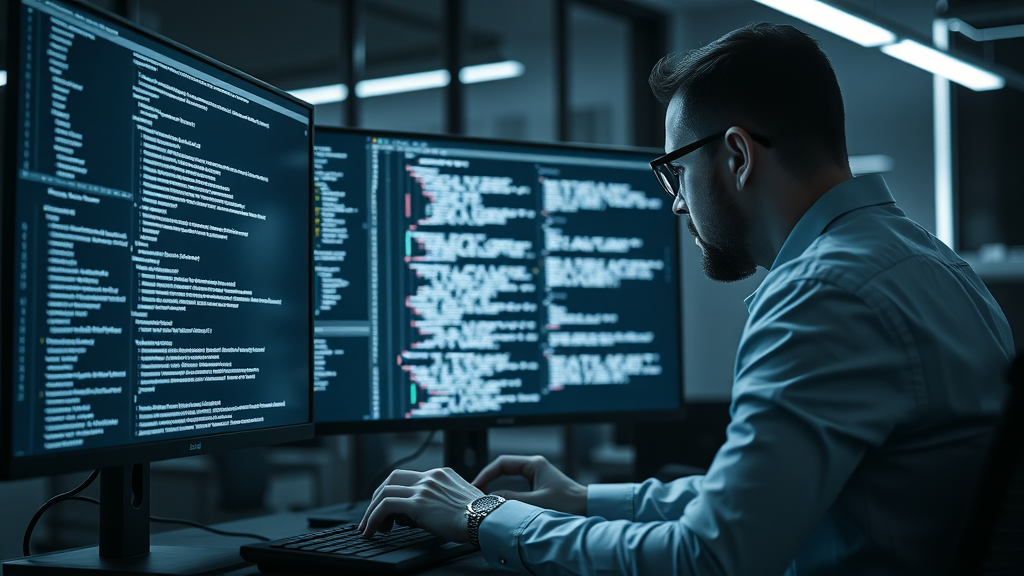 developer coding law firm website optimization with schema markup, sleek tech office