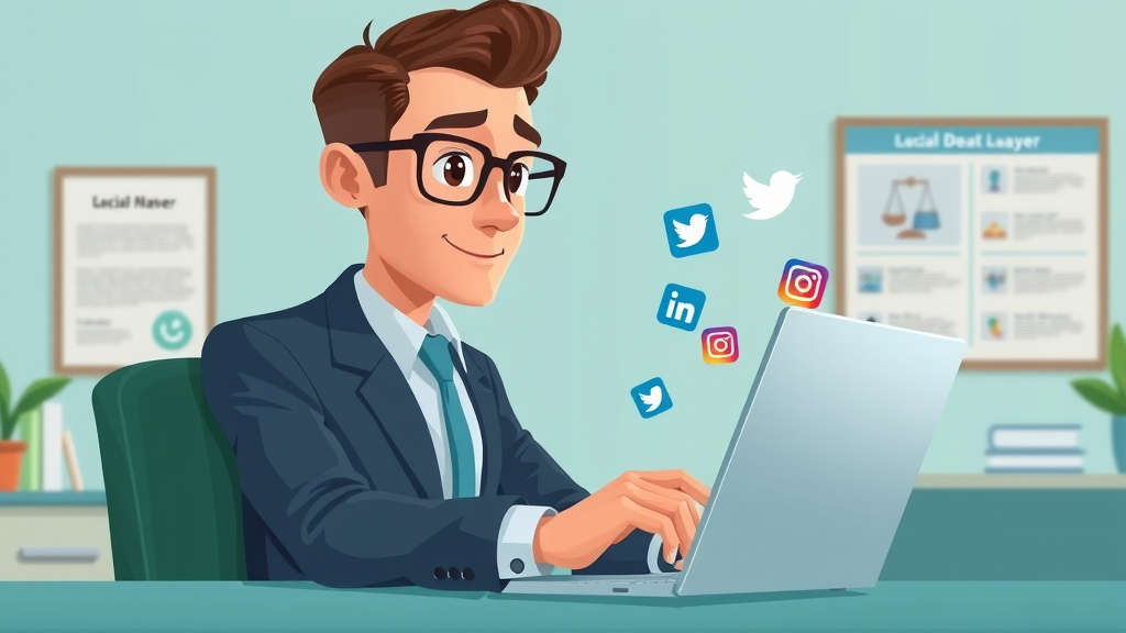 lawyer evaluating the best social media platforms for law firms, reviewing LinkedIn, Twitter, and Facebook icons on laptop