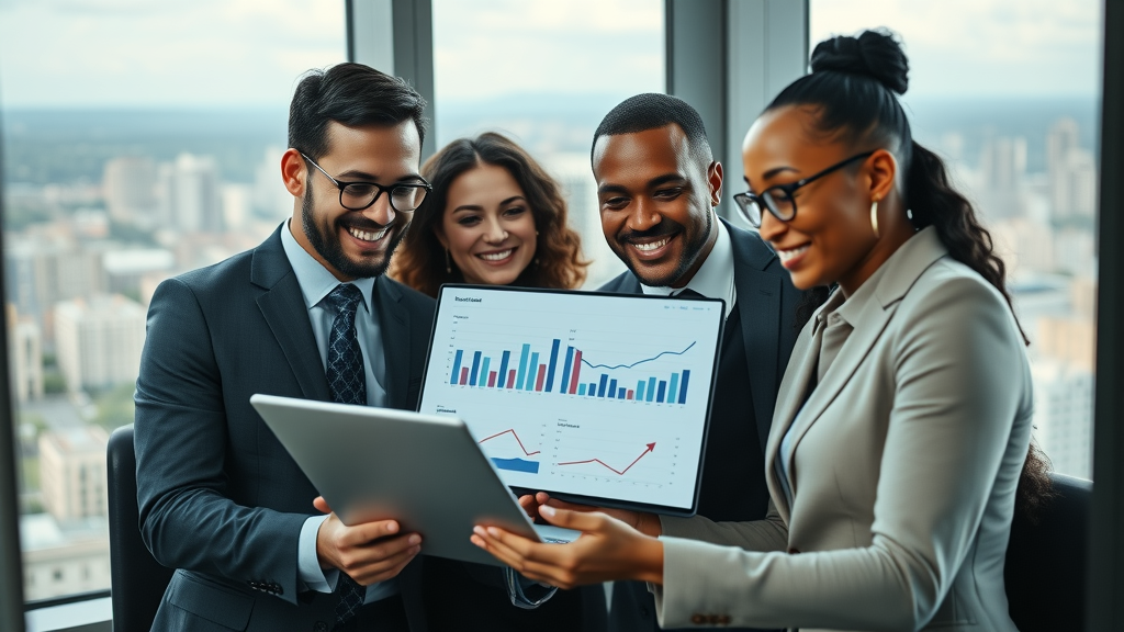 successful diverse law team reviewing video analytics on a laptop for law firm video campaign