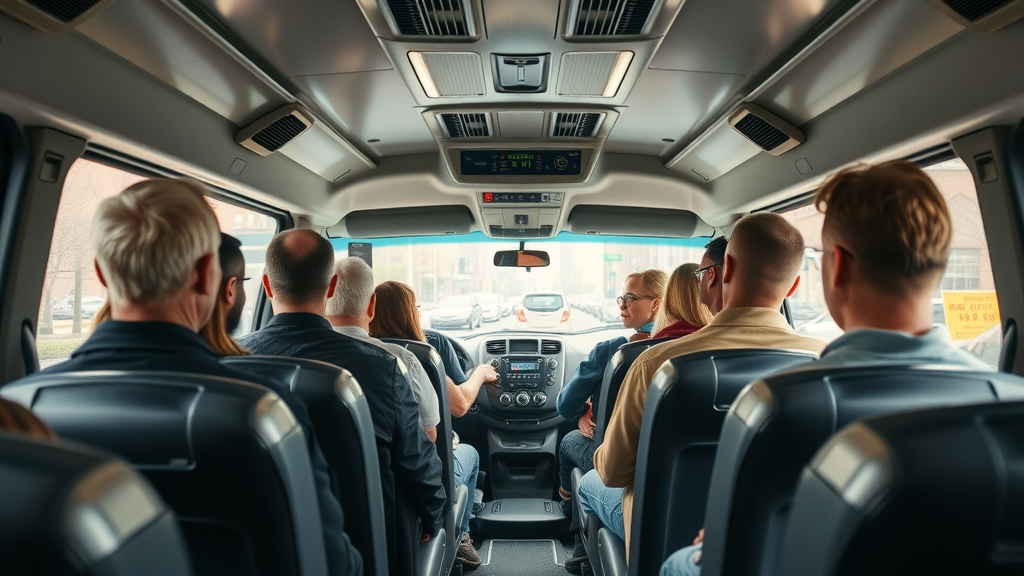 Attentive ride operator with diverse passengers, relaxed and secure, customer experience for riders, spacious clean vehicle interior and safety elements
