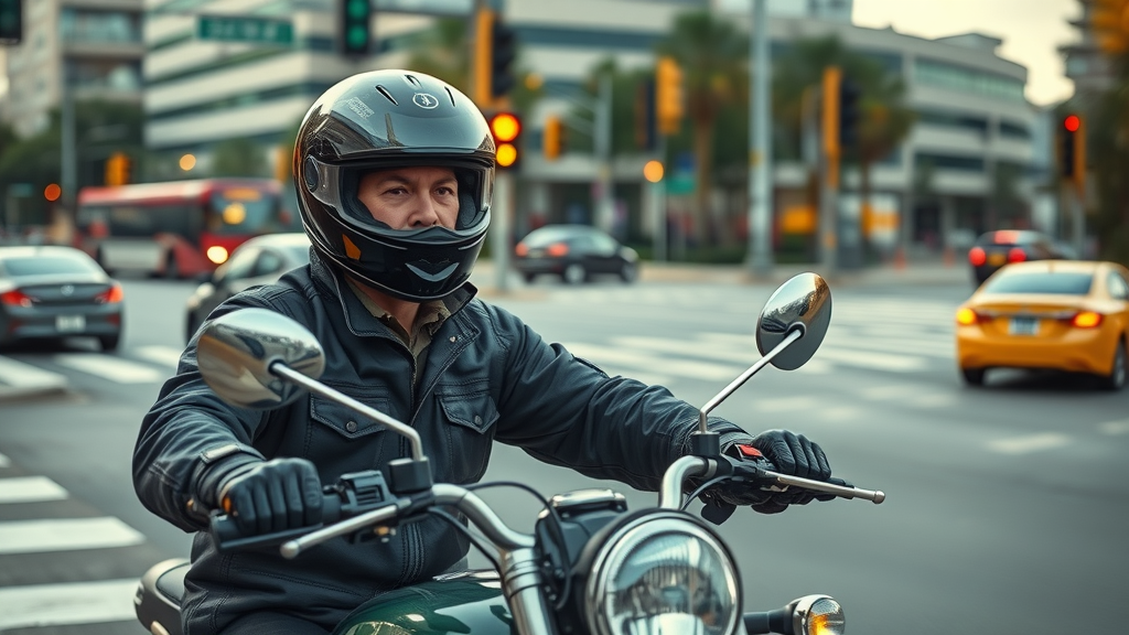 high-alert motorcyclist approaching busy urban intersection to demonstrate accident prevention - Motorcycle Safety